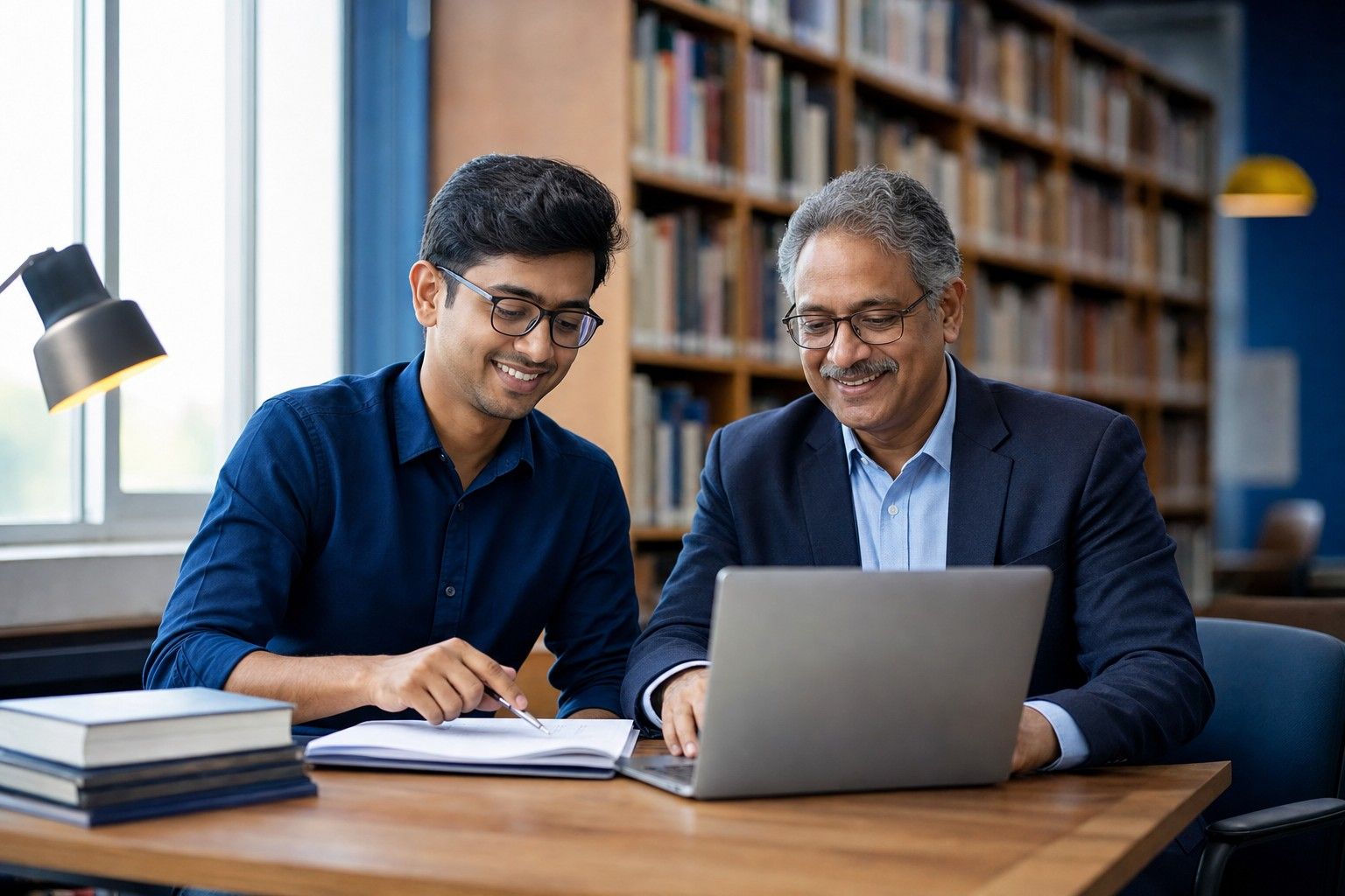 A PhD scholar and a professor reviewing a thesis draft together in a library