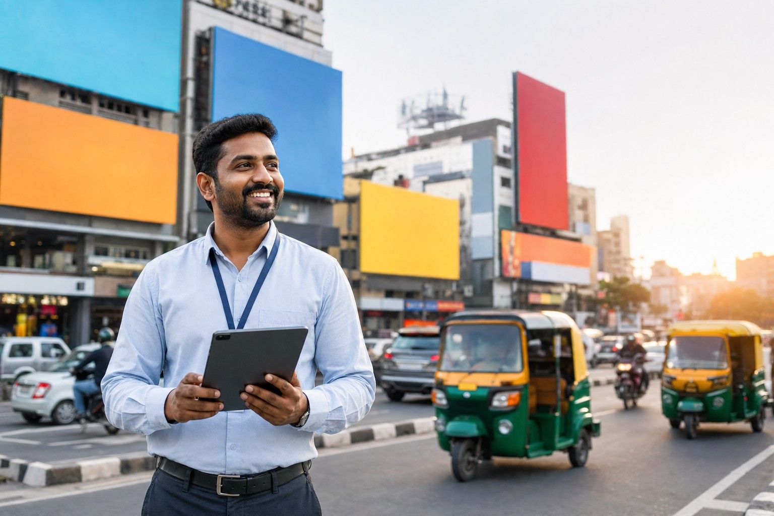A municipal inspector with a tablet checking billboards on a busy city street at golden hour