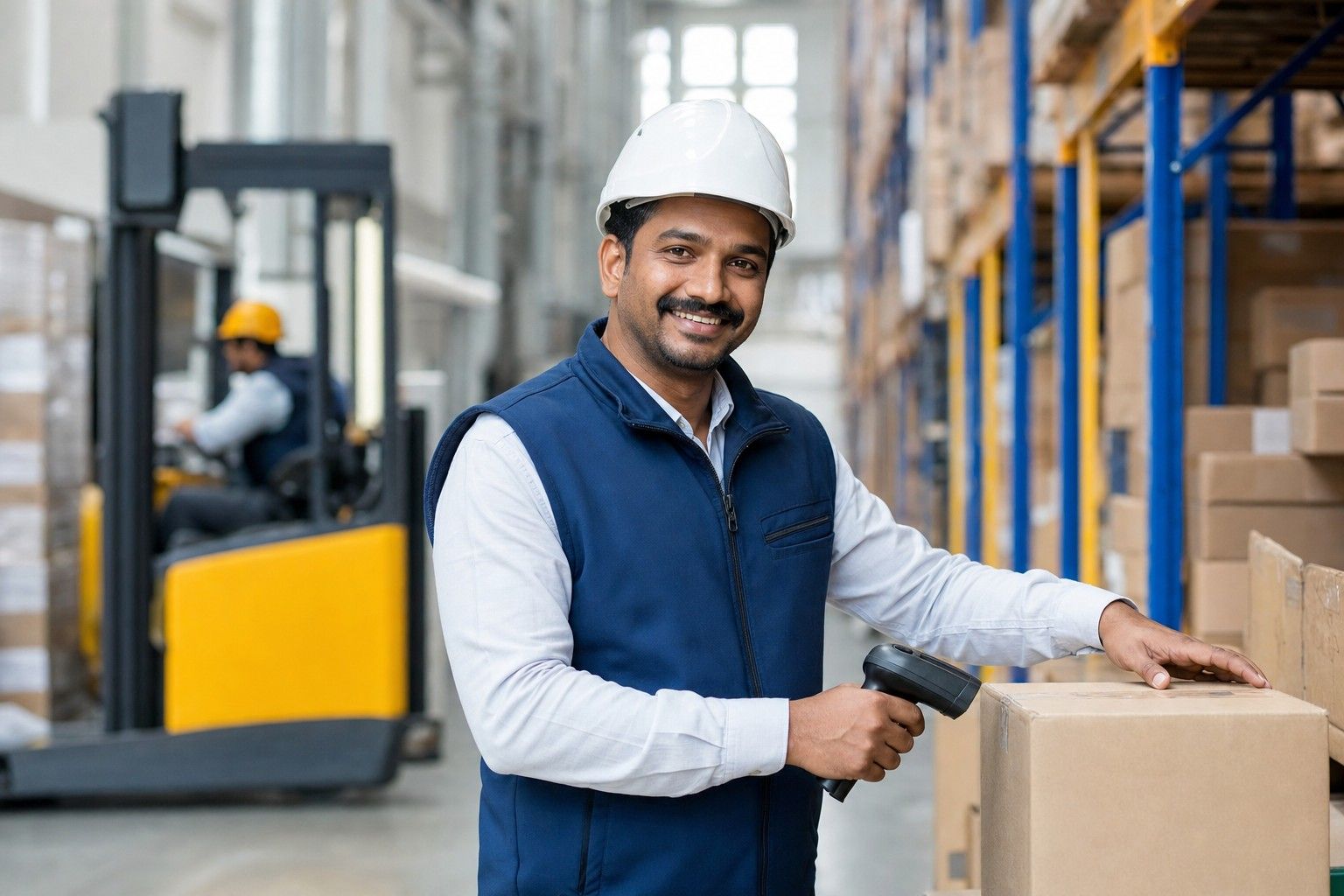 A warehouse supervisor scanning a carton with a handheld scanner among tall racks